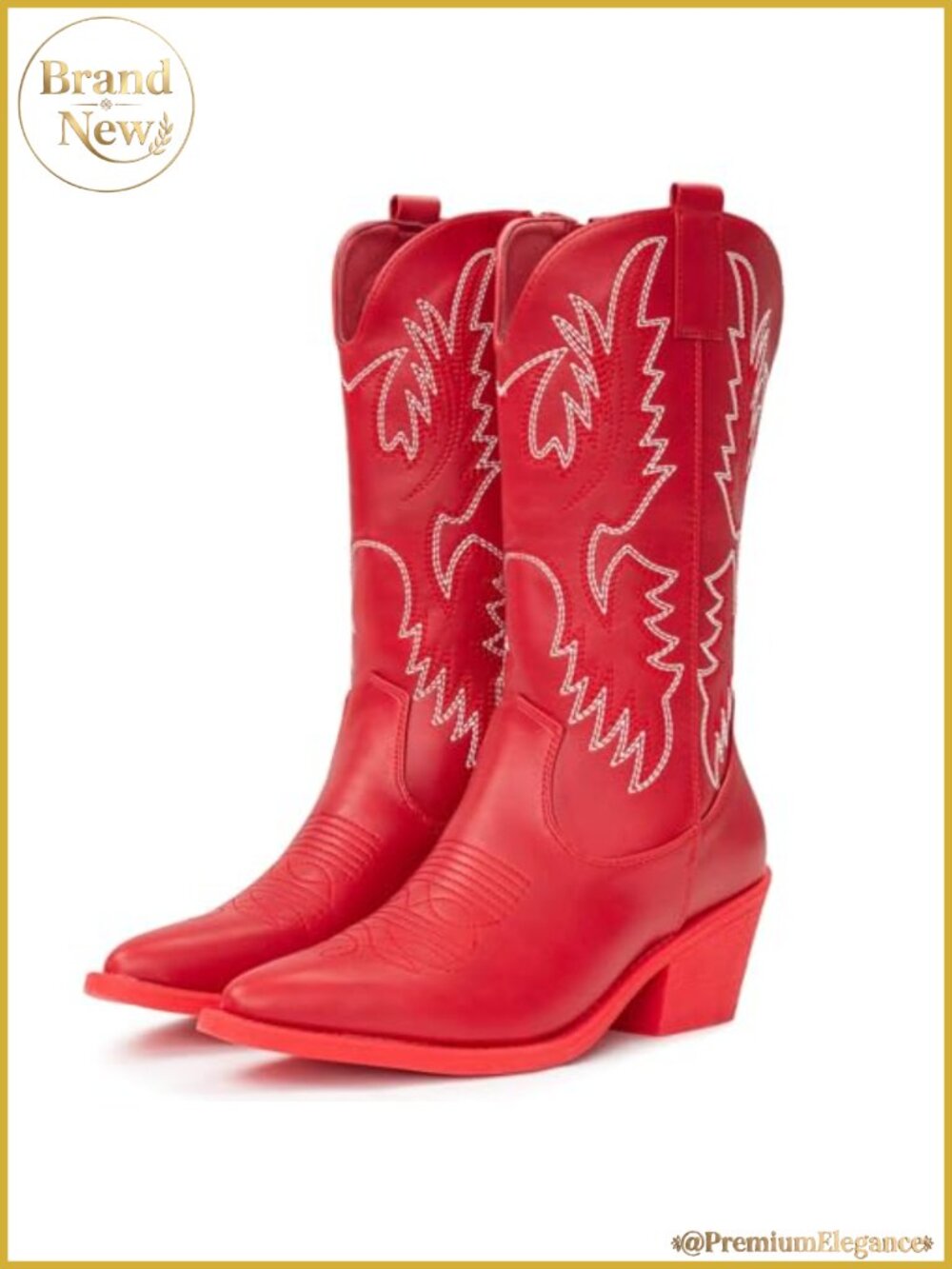 Faux Leather Western Cowgirl Boots Pointy Toe Mid Calf Block Heel